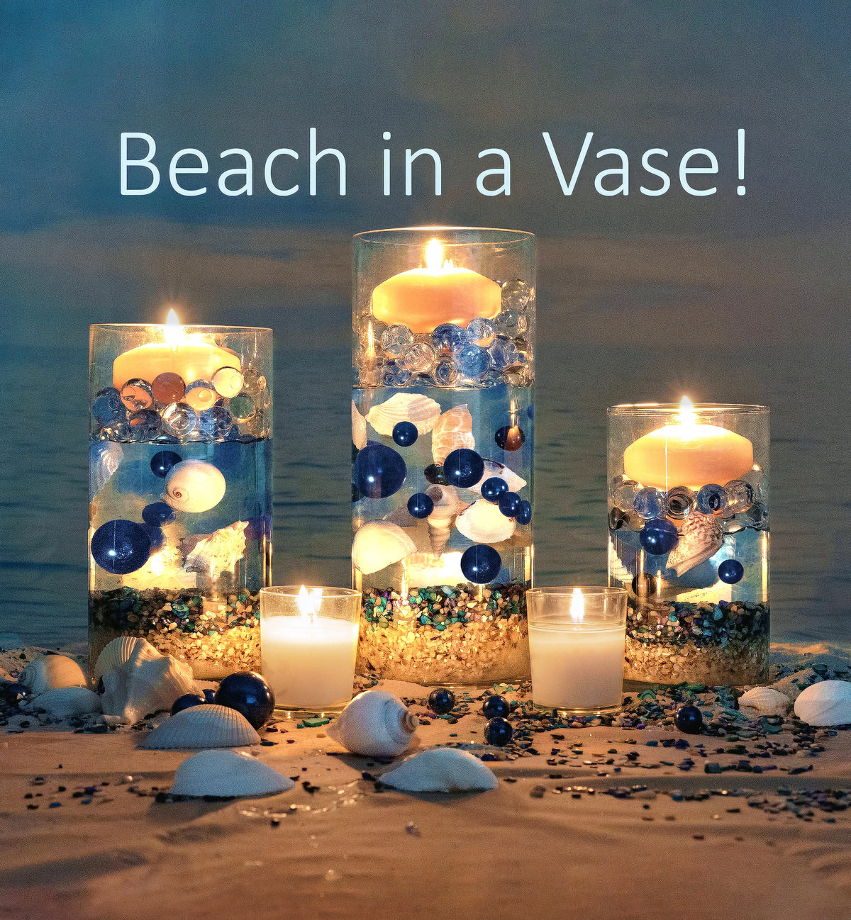 75 Floating White Seashells and a Few Mixed- Coral Reef- Pearls- Aqua Beads- Option of 3 Submersible LED Fairy Lights Strings Warm White (Hidable Submersible Batteries)- Fills 1 Gallon of the Transparent Gels