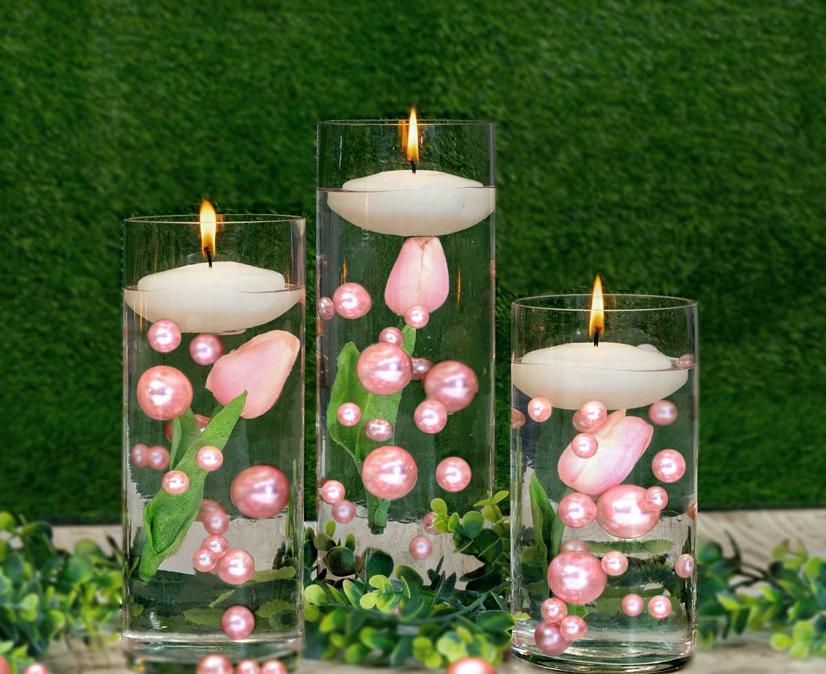 100 Floating Light Pink Pearls with Pink Sparkling Gems- Large Sizes- Option of 3 White or Warm White Submersible Fairy Lights Strings Hidable Submersible Batteries- Fills 2 Gallons of Transparent Water Gels for your Vases with Prep Bags
