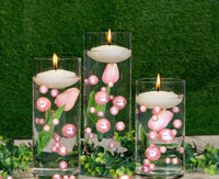 100 Floating Light Pink Pearls with Pink Sparkling Gems- Large Sizes- Option of 3 White or Warm White Submersible Fairy Lights Strings Hidable Submersible Batteries- Fills 2 Gallons of Transparent Water Gels for your Vases with Prep Bags