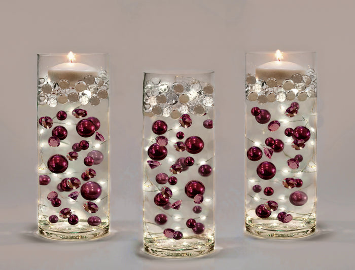 100 Floating Burgundy Pearls with Matching Sparkling Gems-Large Sizes-Fills 4 Medium Size Vases of The Floating Transparent Gels-Measured Gels Prep Bags-Option of 6 Submersible Fairy Lights Strings