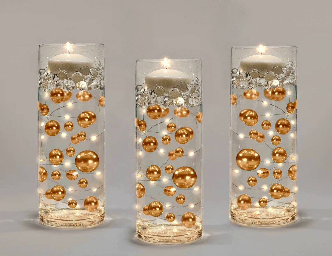 75 Floating Gold Pearls Large Sizes- Fills 1 Gallon of The Floating Transparent Water Gels for Your Vases- 3 Submersible Fairy Lights Strings