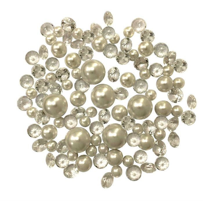 100 Floating Ivory Pearls with Sparkling Ivory Gems- Large Sizes- Option of 3 White or Warm White Submersible Fairy Lights Strings Hidable Submersible Batteries- Fills 2 Gallons of Transparent Water Gels for your Vases with Prep Bags