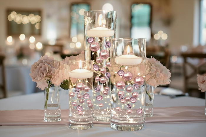 100 Floating Light Pink Pearls & Pink Sparkling Gems-Large-Option of 3 Submersible LED Fairy Lights Strings with Hidable Submersible Batte-Fills 2 Gallons of Transparent Water Gels for your Vases