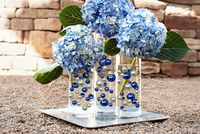 115 Floating Royal Blue/Navy Pearls & Silver Glitter Pearls-Large- Option of 6 Submersible Fairy Lights Strings with Hidable Submersible Batteries- Fills 2 Gallons of Transparent Water Gels for Your Vases
