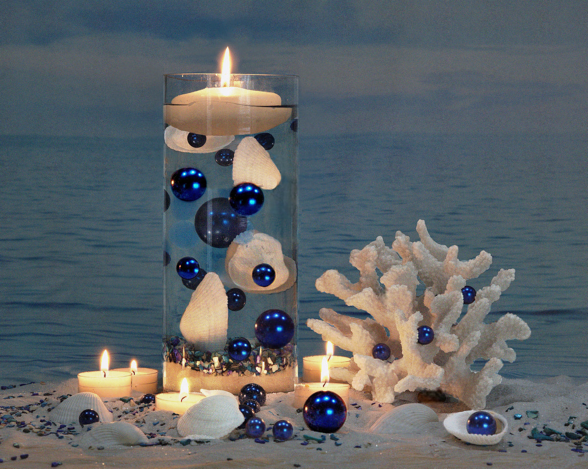 75 Floating White Seashells and a Few Mixed- Coral Reef- Pearls- Aqua Beads- Option of 3 Submersible LED Fairy Lights Strings Warm White (Hidable Submersible Batteries)- Fills 1 Gallon of the Transparent Gels