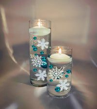 50 Floating White Snowflakes & Pearls-Plus Transparent Water Gels That Fills 1 Gallon for Your Vases- Option: 3 Submersible LED Fairy Lights Strings with Hidable & Submersible Batteries