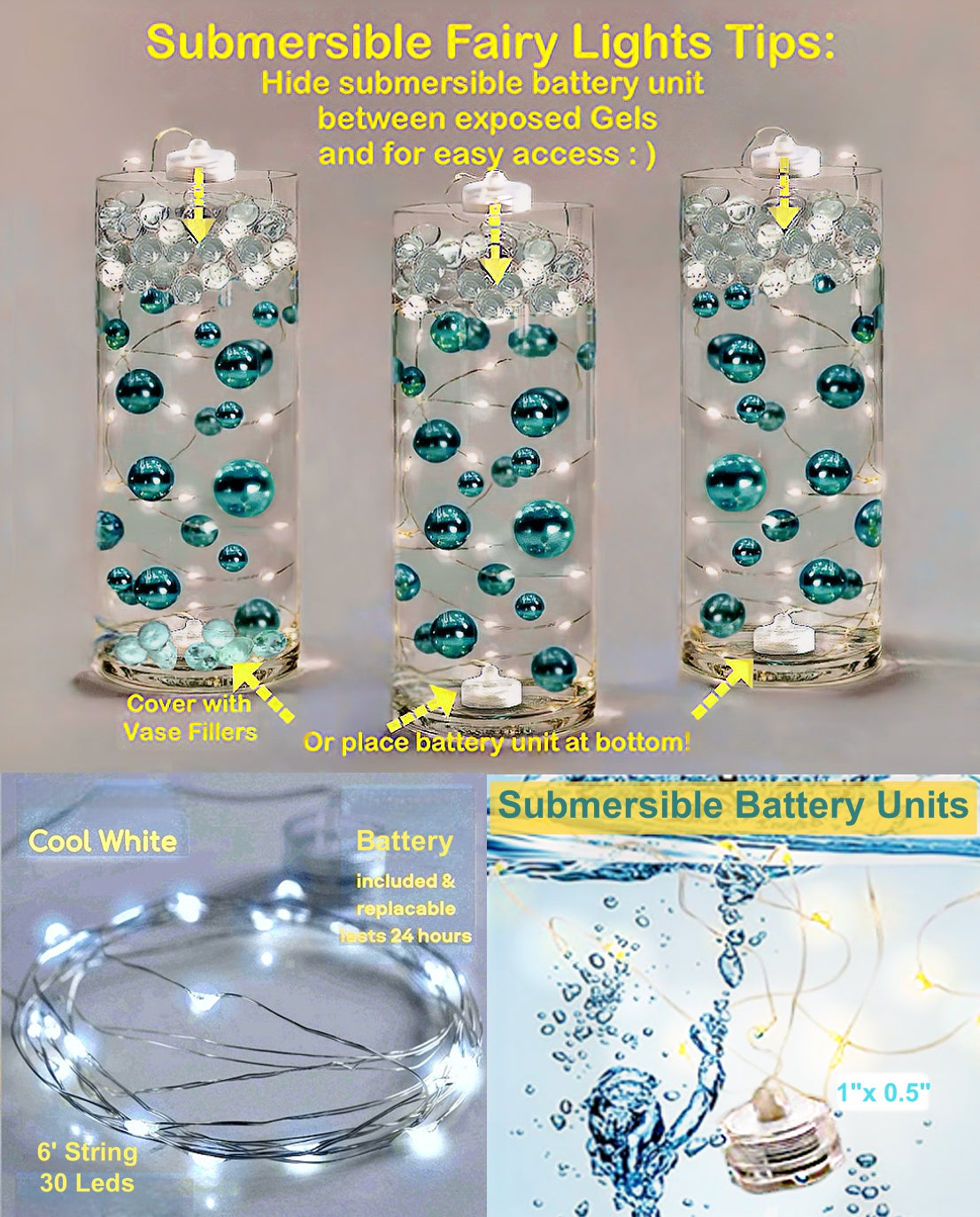 75 Floating White Seashells and a Few Mixed- Coral Reef- Pearls- Aqua Beads- Option of 3 Submersible LED Fairy Lights Strings Warm White (Hidable Submersible Batteries)- Fills 1 Gallon of the Transparent Gels