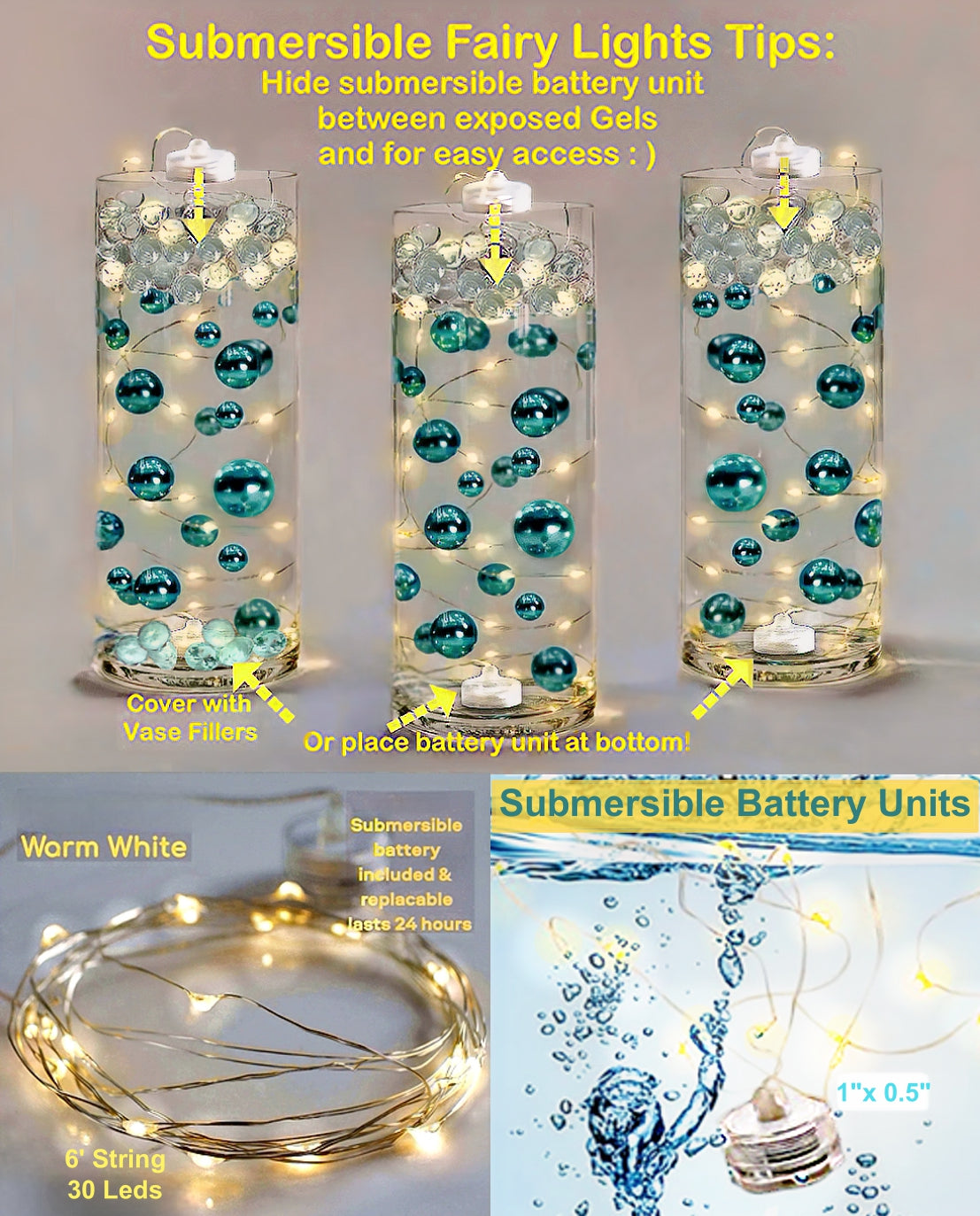 75 Floating Blush Light Pink Pearls Large Sizes- Option of 3 Submersible Fairy Lights Strings Hidable Submersible Batteries- 1 Gallon of Transparent Water Gels for Vases