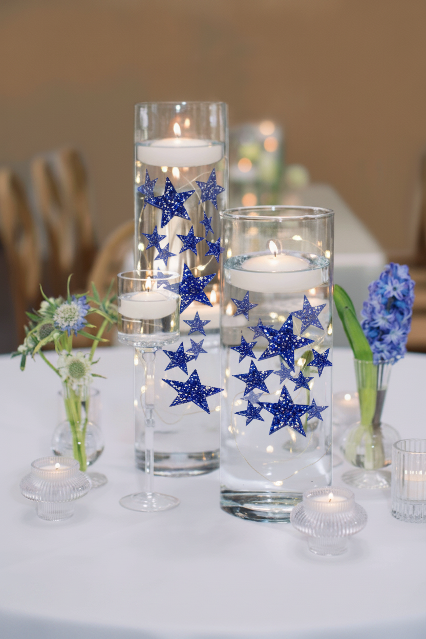50 Blue Floating Stars-Sparkling Large Size-Makes 1 Gallon for Your Vases-Including Transparent Floating Gels Kit-Option 3 Submersible LED Fairy Lights Strings with Hidable and Submersible Battery