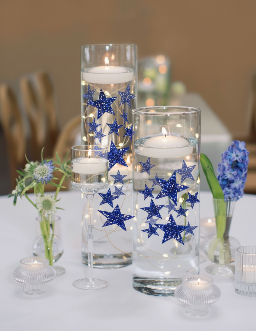 50 Blue Floating Stars-Sparkling Large Size-Makes 1 Gallon for Your Vases-Including Transparent Floating Gels Kit-Option 3 Submersible LED Fairy Lights Strings with Hidable and Submersible Battery