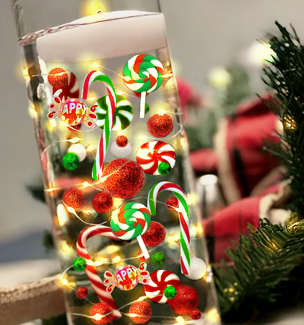 50 Floating Christmas Red Green Candy Canes Peppermints Lollipops Pearls Large- Option of 3 White or Warm White Submersible Fairy Lights Strings Hidable Submersible Batteries-Fills 1 Gallon of Transparent Water Gels for your Vases with Prep Bag