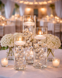 100 Floating Ivory Pearls with Sparkling Ivory Gems- Large Sizes- Option of 6 Submersible Fairy Lights Strings Hidable Submersible Batteries- 2 Gallons of Transparent Water Gels for Vases
