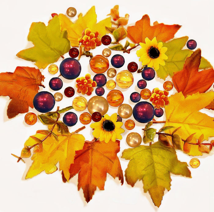 50 Floating Realistic Fall Leaves- Pumpkins- Mums & Pearls- Large sizes- Fills 1 Gallon of The Transparent Water Gels for Vases- With Pre-Measured Prep Bag- Option 3 Fully Submersible Fairy Lights Strings
