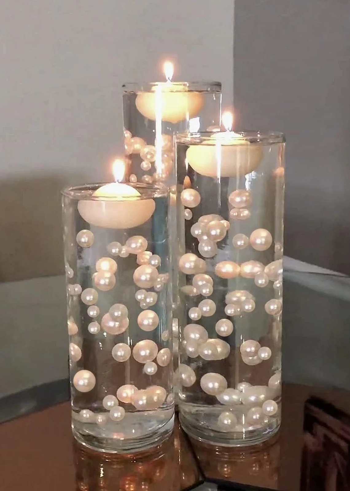 100 Floating Ivory Pearls with Sparkling Ivory Gems- Large Sizes- Option of 3 White or Warm White Submersible Fairy Lights Strings Hidable Submersible Batteries- Fills 2 Gallons of Transparent Water Gels for your Vases with Prep Bags