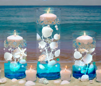 75 Floating White Seashells and a Few Mixed- Coral Reef- Pearls- Aqua Beads- Option of 3 Submersible LED Fairy Lights Strings Warm White (Hidable Submersible Batteries)- Fills 1 Gallon of the Transparent Gels