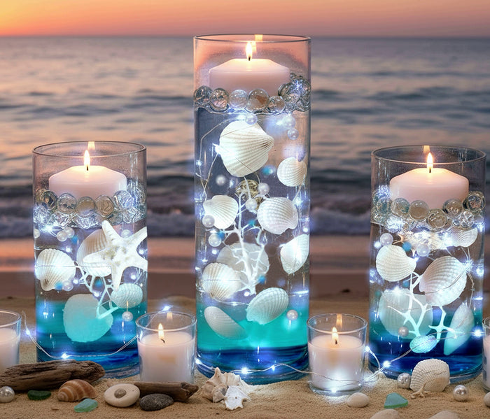 50 Floating White Seashells/Starfish/Coral Reef/Pearls/Aqua Blue Beads-Option: 3 Submersible LED Fairy Lights Strings/Hidable Submersible Batteries-Makes 1 Gallon of the Transparent Water Gels for the Floating Effects