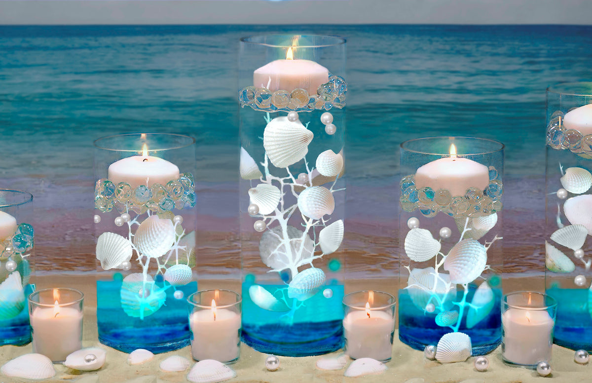 75 Floating White Seashells and a Few Mixed- Coral Reef- Pearls- Aqua Beads- Option of 3 Submersible LED Fairy Lights Strings Warm White (Hidable Submersible Batteries)- Fills 1 Gallon of the Transparent Gels