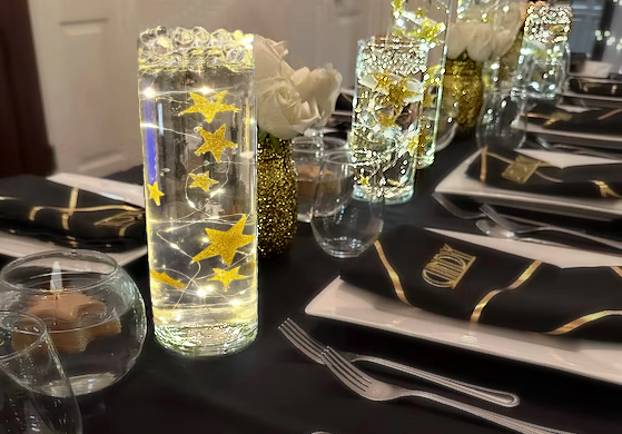 50 Floating Gold Stars- Sparkling- Large Sizes- Fills 1 Gallon of the Transparent Floating Gels for Your Vases- With Pre-Measured Prep Bags- Option of 3 Submersible Fairy Lights Strings