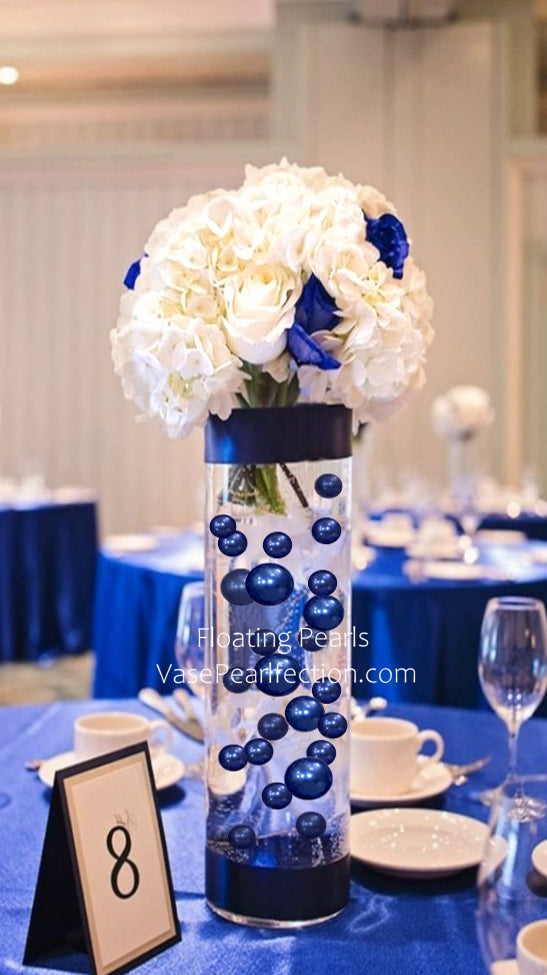 75 Floating Royal Blue (Navy) Pearls Large Sizes- Option of 3 Submersible Fairy Lights Strings Hidable Submersible Batteries- 1 Gallon of Transparent Water Gels for Vases